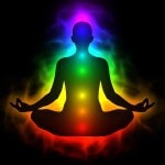 Illustration of human energy body, aura, chakra in meditation